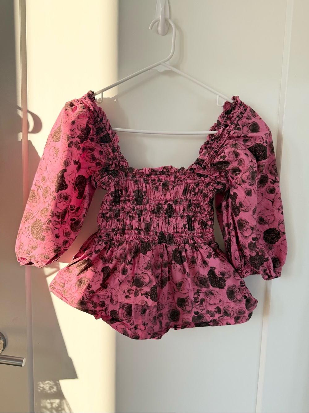 Ganni Pink Floral Smocked Peasant Top